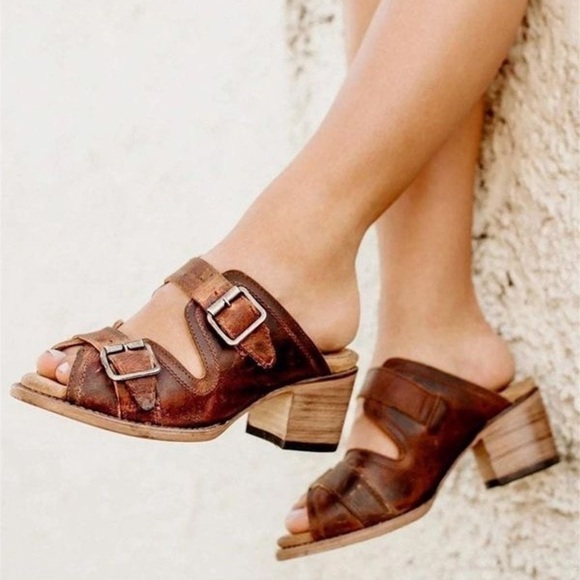 Freebird by Steven Shoes - Freebird Shoes Caprice Leather Strappy Open-Toe Block-Heel Slide Cognac 8 GUC